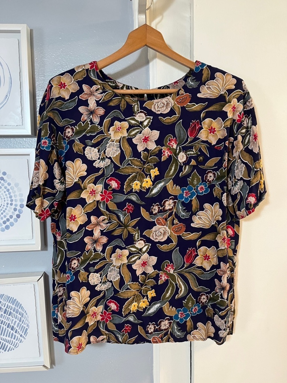Vintage Norton McNaughton  Women’s Size 16 Navy Floral Short Sleeve Blouse